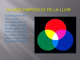La llum prove del
sol, i es pot
descompondre en
set colors: vermell,
taronja, groc, verd,
blau, indi ( o anyil),i
el violeta. I els set
colors sempre estan
en el mateix ordre.
 