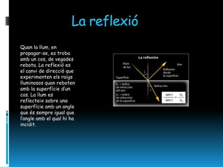 La reflexió
Quan la llum, en
propagar-se, es troba
amb un cos, de vegades
rebota. La reflexió es
el canvi de direcció que
experimenten els raigs
lluminosos quan reboten
amb la superfície d’un
cos. La llum es
reflecteix sobre una
superfície amb un angle
que és sempre igual que
l’angle amb el qual hi ha
incidit.
 