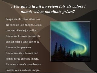 . Per què a la nit no veiem tots els colors i només veiem tonalitats grises?   Perquè dins la retina hi han dos  cel·lules: els i els bastons. De dia  com que hi han rajos de llum  funcionen. Els cons que són els  que fan color a la nit deixen de  funcionar i es posen en  funcionament els bastons que  només es veu en blanc i negre.  Els animals només tenen bastons  i només veuen en blanc i negre. 