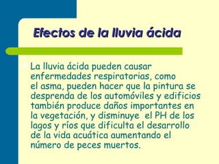 Efectos de la lluvia ácida
La lluvia ácida pueden causar
enfermedades respiratorias, como
el asma, pueden hacer que la pintura se
desprenda de los automóviles y edificios
también produce daños importantes en
la vegetación, y disminuye el PH de los
lagos y ríos que dificulta el desarrollo
de la vida acuática aumentando el
número de peces muertos.
