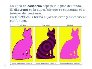 La línea de contorno separa la figura del fondo.
El dintorno es la superficie que se encuentra el el
interior del contorno.
La silueta es la forma cuyo contorno y dintorno se
confunden.

 