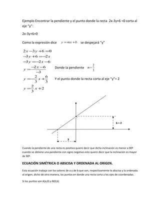 Ejemplo Encontrar la pendiente y el punto donde la recta 2x-3y+6 =0 corta al
eje “y”:

2x-3y+6=0

Como la expresión dice              y = mx +b     se despejará “y”

2 x −3 y +6 =0
− y +6 =− x
  3         2
− y =− x −6
  3      2
                                         2
     − x −6
       2       Donde la pendiente m =
y=                                       3
        −3
       2    6
y =− x +       Y el punto donde la recta corta al eje “y”= 2
       3    3
     2
y = x +2
     3




                                                                                b=2




                                       3

Cuando la pendiente de una recta es positiva quiere decir que dicha inclinación es menor a 90º
cuando se obtiene una pendiente con signo negativo esto quiere decir que la inclinación es mayor
de 90º.

ECUACIÓN SIMÉTRICA O ABSCISA Y ORDENADA AL ORIGEN.
Esta ecuación trabaja con los valores de a y de b que son, respectivamente la abscisa y la ordenada
al origen; dicho de otra manera, los puntos en donde una recta corta a los ejes de coordenadas.

Si los puntos son A(a,0) y B(0,b)
 