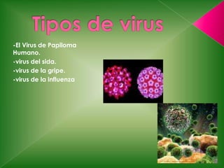 -El Virus de Papiloma
Humano.
-virus del sida.
-virus de la gripe.
-virus de la influenza
 