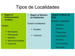 Tipos de LocalidadesSegún el Ordenamiento JurídicoExisten Municipios