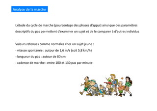 L’étude	
  du	
  cycle	
  de	
  marche	
  (pourcentage	
  des	
  phases	
  d’appui)	
  ainsi	
  que	
  des	
  paramètres	
  
descrip(fs	
  du	
  pas	
  permeQent	
  d’examiner	
  un	
  sujet	
  et	
  de	
  le	
  comparer	
  à	
  d’autres	
  individus	
  
Valeurs	
  retenues	
  comme	
  normales	
  chez	
  un	
  sujet	
  jeune	
  :	
  
-­‐	
  vitesse	
  spontanée	
  :	
  autour	
  de	
  1,6	
  m/s	
  (soit	
  5,8	
  km/h)	
  	
  
-­‐	
  longueur	
  du	
  pas	
  :	
  autour	
  de	
  80	
  cm	
  	
  
-­‐	
  cadence	
  de	
  marche	
  :	
  entre	
  100	
  et	
  130	
  pas	
  par	
  minute	
  
Analyse	
  de	
  la	
  marche	
  
 