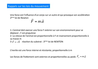 Rappels	
  sur	
  les	
  lois	
  du	
  mouvement	
  
Une	
  force	
  est	
  l’inﬂuence	
  d’un	
  corps	
  sur	
  un	
  autre	
  et	
  qui	
  provoque	
  son	
  accéléra(on	
  
2ème	
  loi	
  de	
  Newton	
  
€

F = m.

a
1-­‐	
  L’animal	
  doit	
  exercer	
  une	
  force	
  F	
  externe	
  sur	
  son	
  environnement	
  pour	
  se	
  
déplacer	
  ;	
  F	
  est	
  propulsive	
  
2-­‐	
  La	
  vitesse	
  de	
  l’animal	
  est	
  propor(onnelle	
  à	
  F	
  et	
  inversement	
  propor(onnelle	
  à	
  
sa	
  masse	
  m	
  
3-­‐	
   	
  	
  	
  	
  	
  	
  	
  réac(on	
  du	
  substrat	
  :	
  3ème	
  loi	
  de	
  NEWTON	
  
L’iner(e	
  est	
  une	
  force	
  interne	
  et	
  résistante,	
  propor(onnelle	
  à	
  m	
  
€

F = −

N
Les	
  forces	
  de	
  froQement	
  sont	
  externes	
  et	
  propor(onnelles	
  au	
  poids	
  
€

Fp = m.

g
 