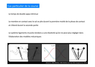 Cas	
  par(culier	
  de	
  la	
  course	
  
Le	
  temps	
  de	
  double	
  appui	
  diminue	
  
Le	
  membre	
  en	
  contact	
  avec	
  le	
  sol	
  se	
  plie	
  durant	
  la	
  première	
  moi(é	
  de	
  la	
  phase	
  de	
  contact	
  
et	
  s’étend	
  durant	
  la	
  seconde	
  par(e	
  
Le	
  système	
  ligaments-­‐muscles-­‐tendons	
  a	
  une	
  élas(cité	
  qu’on	
  ne	
  peut	
  plus	
  négliger	
  dans	
  
l’élabora(on	
  des	
  modèles	
  mécaniques	
  
 