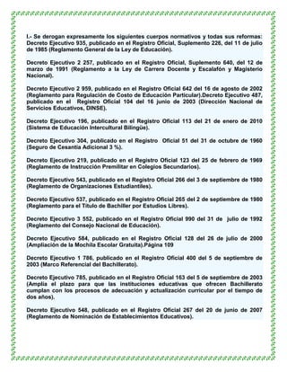 I.- Se derogan expresamente los siguientes cuerpos normativos y todas sus reformas:
Decreto Ejecutivo 935, publicado en el Registro Oficial, Suplemento 226, del 11 de julio
de 1985 (Reglamento General de la Ley de Educación).

Decreto Ejecutivo 2 257, publicado en el Registro Oficial, Suplemento 640, del 12 de
marzo de 1991 (Reglamento a la Ley de Carrera Docente y Escalafón y Magisterio
Nacional).

Decreto Ejecutivo 2 959, publicado en el Registro Oficial 642 del 16 de agosto de 2002
(Reglamento para Regulación de Costo de Educación Particular).Decreto Ejecutivo 487,
publicado en el Registro Oficial 104 del 16 junio de 2003 (Dirección Nacional de
Servicios Educativos, DINSE).

Decreto Ejecutivo 196, publicado en el Registro Oficial 113 del 21 de enero de 2010
(Sistema de Educación Intercultural Bilingüe).

Decreto Ejecutivo 304, publicado en el Registro Oficial 51 del 31 de octubre de 1960
(Seguro de Cesantía Adicional 3 %).

Decreto Ejecutivo 219, publicado en el Registro Oficial 123 del 25 de febrero de 1969
(Reglamento de Instrucción Premilitar en Colegios Secundarios).

Decreto Ejecutivo 543, publicado en el Registro Oficial 266 del 3 de septiembre de 1980
(Reglamento de Organizaciones Estudiantiles).

Decreto Ejecutivo 537, publicado en el Registro Oficial 265 del 2 de septiembre de 1980
(Reglamento para el Título de Bachiller por Estudios Libres).

Decreto Ejecutivo 3 552, publicado en el Registro Oficial 990 del 31 de julio de 1992
(Reglamento del Consejo Nacional de Educación).

Decreto Ejecutivo 584, publicado en el Registro Oficial 128 del 26 de julio de 2000
(Ampliación de la Mochila Escolar Gratuita).Página 109

Decreto Ejecutivo 1 786, publicado en el Registro Oficial 400 del 5 de septiembre de
2003 (Marco Referencial del Bachillerato).

Decreto Ejecutivo 785, publicado en el Registro Oficial 163 del 5 de septiembre de 2003
(Amplía el plazo para que las instituciones educativas que ofrecen Bachillerato
cumplan con los procesos de adecuación y actualización curricular por el tiempo de
dos años).

Decreto Ejecutivo 548, publicado en el Registro Oficial 267 del 20 de junio de 2007
(Reglamento de Nominación de Establecimientos Educativos).
 