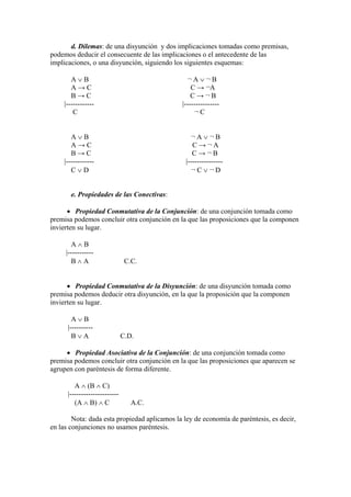 d. Dilemas: de una disyunción y dos implicaciones tomadas como premisas,
podemos deducir el consecuente de las implicaciones o el antecedente de las
implicaciones, o una disyunción, siguiendo los siguientes esquemas:
A  B ¬ A  ¬ B
A → C C → ¬A
B → C C → ¬ B
|------------ |---------------
C ¬ C
A  B ¬ A  ¬ B
A → C C → ¬ A
B → C C → ¬ B
|------------ |---------------
C  D ¬ C  ¬ D
e. Propiedades de las Conectivas:
 Propiedad Conmutativa de la Conjunción: de una conjunción tomada como
premisa podemos concluir otra conjunción en la que las proposiciones que la componen
invierten su lugar.
A  B
|-----------
B  A C.C.
 Propiedad Conmutativa de la Disyunción: de una disyunción tomada como
premisa podemos deducir otra disyunción, en la que la proposición que la componen
invierten su lugar.
A  B
|----------
B  A C.D.
 Propiedad Asociativa de la Conjunción: de una conjunción tomada como
premisa podemos concluir otra conjunción en la que las proposiciones que aparecen se
agrupen con paréntesis de forma diferente.
A  (B  C)
|---------------------
(A  B)  C A.C.
Nota: dada esta propiedad aplicamos la ley de economía de paréntesis, es decir,
en las conjunciones no usamos paréntesis.
 