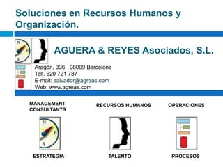 Soluciones en Recursos Humanos y
Organización.
Aragón, 336 08009 Barcelona
Telf. 620 721 787
E-mail: salvador@agreas.com
Web: www.agreas.com
MANAGEMENT
CONSULTANTS
RECURSOS HUMANOS OPERACIONES
ESTRATEGIA TALENTO PROCESOS
AGUERA & REYES Asociados, S.L.
 