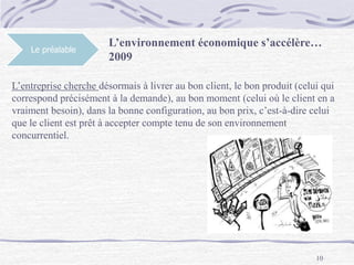10
Le préalable
L’environnement économique s’accélère…
2009
L’entreprise cherche désormais à livrer au bon client, le bon produit (celui qui
correspond précisément à la demande), au bon moment (celui où le client en a
vraiment besoin), dans la bonne configuration, au bon prix, c’est-à-dire celui
que le client est prêt à accepter compte tenu de son environnement
concurrentiel.
 