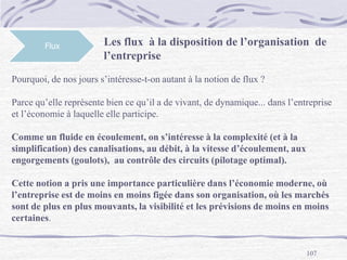 107
Flux Les flux à la disposition de l’organisation de
l’entreprise
Pourquoi, de nos jours s’intéresse-t-on autant à la notion de flux ?
Parce qu’elle représente bien ce qu’il a de vivant, de dynamique... dans l’entreprise
et l’économie à laquelle elle participe.
Comme un fluide en écoulement, on s’intéresse à la complexité (et à la
simplification) des canalisations, au débit, à la vitesse d’écoulement, aux
engorgements (goulots), au contrôle des circuits (pilotage optimal).
Cette notion a pris une importance particulière dans l’économie moderne, où
l’entreprise est de moins en moins figée dans son organisation, où les marchés
sont de plus en plus mouvants, la visibilité et les prévisions de moins en moins
certaines.
 