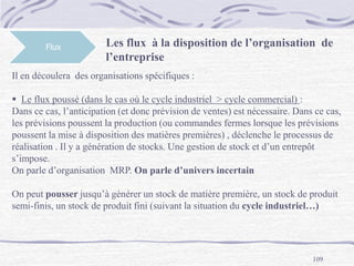 109
Flux Les flux à la disposition de l’organisation de
l’entreprise
Il en découlera des organisations spécifiques :
 Le flux poussé (dans le cas où le cycle industriel > cycle commercial) :
Dans ce cas, l’anticipation (et donc prévision de ventes) est nécessaire. Dans ce cas,
les prévisions poussent la production (ou commandes fermes lorsque les prévisions
poussent la mise à disposition des matières premières) , déclenche le processus de
réalisation . Il y a génération de stocks. Une gestion de stock et d’un entrepôt
s’impose.
On parle d’organisation MRP. On parle d’univers incertain
On peut pousser jusqu’à générer un stock de matière première, un stock de produit
semi-finis, un stock de produit fini (suivant la situation du cycle industriel…)
 