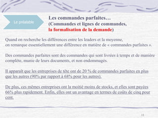 11
Le préalable
Les commandes parfaites…
(Commandes et lignes de commandes,
la formalisation de la demande)
Quand on recherche les différences entre les leaders et la moyenne,
on remarque essentiellement une différence en matière de « commandes parfaites ».
Des commandes parfaites sont des commandes qui sont livrées à temps et de manière
complète, munie de leurs documents, et non endommagés.
Il apparaît que les entreprises de tête ont de 20 % de commandes parfaites en plus
que les autres (90% par rapport à 68% pour les autres).
De plus, ces mêmes entreprises ont la moitié moins de stocks, et elles sont payées
66% plus rapidement. Enfin, elles ont un avantage en termes de coûts de cinq pour
cent.
 