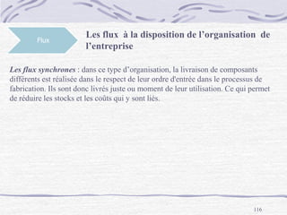 116
Flux
Les flux à la disposition de l’organisation de
l’entreprise
Les flux synchrones : dans ce type d’organisation, la livraison de composants
différents est réalisée dans le respect de leur ordre d'entrée dans le processus de
fabrication. Ils sont donc livrés juste ou moment de leur utilisation. Ce qui permet
de réduire les stocks et les coûts qui y sont liés.
 