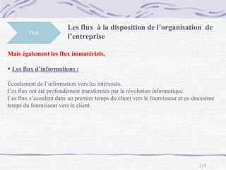 117
Flux
Les flux à la disposition de l’organisation de
l’entreprise
Mais également les flux immatériels,
 Les flux d’informations :
Écoulement de l’information vers les intéressés.
Ces flux ont été profondément transformés par la révolution informatique.
Ces flux s’écoulent dans un premier temps du client vers le fournisseur et en deuxième
temps du fournisseur vers le client.
 