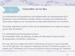119
Flux Généralités sur les flux
Les informations de la production sont indispensables au fonctionnement de la
production. Toute information retardée, altérée ou perdue aura fatalement des
répercutions négatives sur la production (et plus particulièrement sur les délais).
Il est donc important de gérer les flux de ces informations avec autant de rigueur
que les flux de matières.
Ces informations peuvent prendre la forme :
de commandes client, de planning, d’ordres de fabrication, d’état de stocks
de programmes, de kanbans, indicateurs…
On a une idée de la complexité du flux d’informations lorsqu’on le met en parallèle
avec le flux physique. On comprend l’importance du flux d’informations quand on se
rappelle que l’information sert à la prise de décision et donc au pilotage de l’entreprise.
 