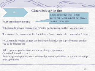 121
Flux
Généralités sur les flux
 Les indicateurs de flux :
Le taux de service commercial (c’est la performance du flux, vue du client) :
T = nombre de commandes livrées à date prévue / nombre de commandes à livrer
 Le ratio de tension de flux (ou indice de fluidité, c'est la performance du flux,
vue de la production) :
Rtf = cycle de production / somme des temps opératoires
Ce ratio doit tendre vers 1
Avec le cycle de production = somme des temps opératoires + somme des temps
inter opérations
Il faut tendre les flux : il faut
accélérer l’écoulement des pièces
dans un processus
 