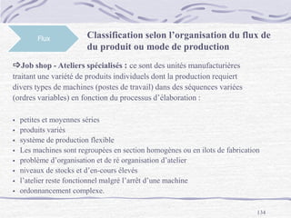 134
Flux Classification selon l’organisation du flux de
du produit ou mode de production
Job shop - Ateliers spécialisés : ce sont des unités manufacturières
traitant une variété de produits individuels dont la production requiert
divers types de machines (postes de travail) dans des séquences variées
(ordres variables) en fonction du processus d’élaboration :
 petites et moyennes séries
 produits variés
 système de production flexible
 Les machines sont regroupées en section homogènes ou en ilots de fabrication
 problème d’organisation et de ré organisation d’atelier
 niveaux de stocks et d’en-cours élevés
 l’atelier reste fonctionnel malgré l’arrêt d’une machine
 ordonnancement complexe.
 