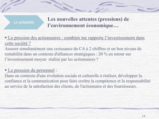 14
Le préalable
Les nouvelles attentes (pressions) de
l’environnement économique…
 La pression des actionnaires : combien me rapporte l’investissement dans
cette société ?
Assurer simultanément une croissance du CA à 2 chiffres et un bon niveau de
rentabilité dans un contexte d'alliances stratégiques : 20 % en retour sur
l’investissement moyen réalisé par les actionnaires ?
 La pression du personnel :
Dans un contexte d'une évolution sociale et culturelle à réaliser, développer la
confiance et la communication pour faire croître la compétence et la responsabilité
au service de la satisfaction des clients, de l'actionnaire et des fournisseurs.
 