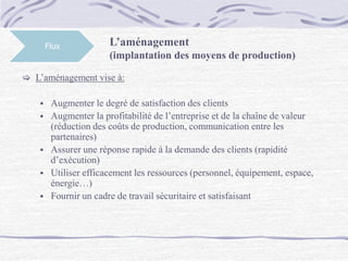 Flux L’aménagement
(implantation des moyens de production)
 L’aménagement vise à:
 Augmenter le degré de satisfaction des clients
 Augmenter la profitabilité de l’entreprise et de la chaîne de valeur
(réduction des coûts de production, communication entre les
partenaires)
 Assurer une réponse rapide à la demande des clients (rapidité
d’exécution)
 Utiliser efficacement les ressources (personnel, équipement, espace,
énergie…)
 Fournir un cadre de travail sécuritaire et satisfaisant
 