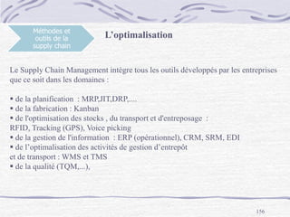 156
Méthodes et
outils de la
supply chain
L’optimalisation
Le Supply Chain Management intègre tous les outils développés par les entreprises
que ce soit dans les domaines :
 de la planification : MRP,JIT,DRP,....
 de la fabrication : Kanban
 de l'optimisation des stocks , du transport et d'entreposage :
RFID, Tracking (GPS), Voice picking
 de la gestion de l'information : ERP (opérationnel), CRM, SRM, EDI
 de l’optimalisation des activités de gestion d’entrepôt
et de transport : WMS et TMS
 de la qualité (TQM,...),
 