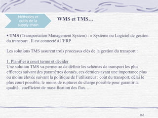 163
Méthodes et
outils de la
supply chain
 TMS (Transportation Management System) : « Système ou Logiciel de gestion
du transport . Il est connecté à l’ERP
Les solutions TMS assurent trois processus clés de la gestion du transport :
1. Planifier à court terme et décider
Une solution TMS va permettre de définir les schémas de transport les plus
efficaces suivant des paramètres donnés, ces derniers ayant une importance plus
ou moins élevée suivant la politique de l’utilisateur : coût du transport, délai le
plus court possible, le moins de ruptures de charge possible pour garantir la
qualité, coefficient de massification des flux….
WMS et TMS…
 