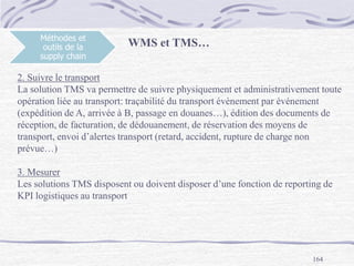 164
Méthodes et
outils de la
supply chain
2. Suivre le transport
La solution TMS va permettre de suivre physiquement et administrativement toute
opération liée au transport: traçabilité du transport évènement par événement
(expédition de A, arrivée à B, passage en douanes…), édition des documents de
réception, de facturation, de dédouanement, de réservation des moyens de
transport, envoi d’alertes transport (retard, accident, rupture de charge non
prévue…)
3. Mesurer
Les solutions TMS disposent ou doivent disposer d’une fonction de reporting de
KPI logistiques au transport
WMS et TMS…
 