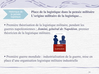 24
Historique de
la pensée
logistique
Place de la logistique dans la pensée militaire
L’origine militaire de la logistique…
 Première théorisation de la logistique militaire, pendant les
guerres napoléoniennes ; Jomini, général de Napoléon, premier
théoricien de la logistique militaire.
 Première guerre mondiale : industrialisation de la guerre, mise en
place d’une organisation logistique militaire industrielle
 