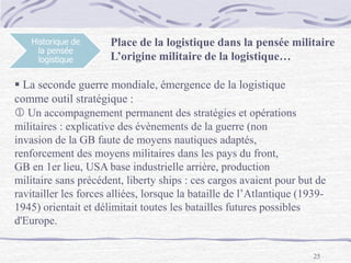 25
Historique de
la pensée
logistique
Place de la logistique dans la pensée militaire
L’origine militaire de la logistique…
 La seconde guerre mondiale, émergence de la logistique
comme outil stratégique :
 Un accompagnement permanent des stratégies et opérations
militaires : explicative des évènements de la guerre (non
invasion de la GB faute de moyens nautiques adaptés,
renforcement des moyens militaires dans les pays du front,
GB en 1er lieu, USA base industrielle arrière, production
militaire sans précédent, liberty ships : ces cargos avaient pour but de
ravitailler les forces alliées, lorsque la bataille de l’Atlantique (1939-
1945) orientait et délimitait toutes les batailles futures possibles
d'Europe.
 