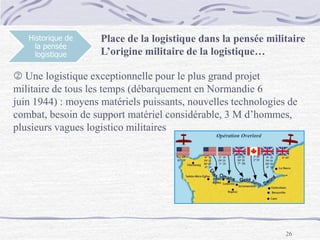 26
Historique de
la pensée
logistique
Place de la logistique dans la pensée militaire
L’origine militaire de la logistique…
 Une logistique exceptionnelle pour le plus grand projet
militaire de tous les temps (débarquement en Normandie 6
juin 1944) : moyens matériels puissants, nouvelles technologies de
combat, besoin de support matériel considérable, 3 M d’hommes,
plusieurs vagues logistico militaires
 