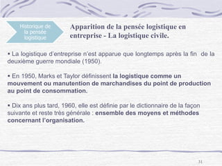 31
Historique de
la pensée
logistique
Apparition de la pensée logistique en
entreprise - La logistique civile.
 La logistique d’entreprise n’est apparue que longtemps après la fin de la
deuxième guerre mondiale (1950).
 En 1950, Marks et Taylor définissent la logistique comme un
mouvement ou manutention de marchandises du point de production
au point de consommation.
 Dix ans plus tard, 1960, elle est définie par le dictionnaire de la façon
suivante et reste très générale : ensemble des moyens et méthodes
concernant l’organisation.
 
