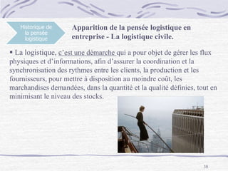 38
Historique de
la pensée
logistique
Apparition de la pensée logistique en
entreprise - La logistique civile.
 La logistique, c’est une démarche qui a pour objet de gérer les flux
physiques et d’informations, afin d’assurer la coordination et la
synchronisation des rythmes entre les clients, la production et les
fournisseurs, pour mettre à disposition au moindre coût, les
marchandises demandées, dans la quantité et la qualité définies, tout en
minimisant le niveau des stocks.
 