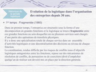 41
Historique de
la pensée
logistique
Evolution de la logistique dans l’organisation
des entreprises depuis 30 ans.
 1er temps : Fragmentée (1960)
Dans un premier temps, l’entreprise est structurée sous la forme d’une
décomposition en grandes fonctions et la logistique se trouve fragmentée entre
ces grandes fonctions au sein desquelles un ou plusieurs services sont chargés
d’une partie des opérations de transferts physiques.
Il y a donc une spécialisation totale de chaque service dans un ensemble
d’activités logistiques et une décentralisation des décisions au niveau de chaque
fonction.
La coordination, rendue difficile par les risques de conflits issus d’objectifs
logistiques antagonistes entre les fonctions, repose sur des mécanismes de
résolution de conflits, de persuasion ou de coercition (droit d’empêcher
quelqu’un de réaliser son devoir) mis en place par la direction générale.
 