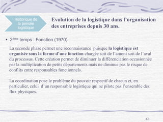 42
Historique de
la pensée
logistique
Evolution de la logistique dans l’organisation
des entreprises depuis 30 ans.
 2ème temps : Fonction (1970)
La seconde phase permet une reconnaissance puisque la logistique est
organisée sous la forme d’une fonction chargée soit de l’amont soit de l’aval
du processus. Cette création permet de diminuer la différenciation occasionnée
par la multiplication de petits départements mais ne diminue pas le risque de
conflits entre responsables fonctionnels.
La coordination pose le problème du pouvoir respectif de chacun et, en
particulier, celui d’un responsable logistique qui ne pilote pas l’ensemble des
flux physiques.
 