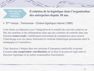 43
Historique de
la pensée
logistique
Evolution de la logistique dans l’organisation
des entreprises depuis 30 ans.
 3ème temps : Transverse - Chaine logistique interne (1980)
Cette limite est dépassée avec l’intégration de la totalité des activités relatives au
flux des matières et des informations ainsi que des systèmes de contrôle dans une
fonction transversale ( mobilisation horizontale de compétences pour assurer
l’interfaçage avec les autres fonctions) et verticale (dialectique permanente entre le
stratégique et l’exécution.)
Cette fonction s’intègre dans une structure d’entreprise matricielle et permet
d’assurer une coopération/ coordination sur la base d’un pouvoir égal entre le
directeur logistique et les autres responsables fonctionnels.
 