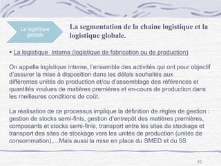 52
La logistique
globale
 La logistique Interne (logistique de fabrication ou de production)
On appelle logistique interne, l’ensemble des activités qui ont pour objectif
d’assurer la mise à disposition dans les délais souhaités aux
différentes unités de production et/ou d’assemblage des références et
quantités voulues de matières premières et en-cours de production dans
les meilleures conditions de coût.
La réalisation de ce processus implique la définition de règles de gestion :
gestion de stocks semi-finis, gestion d’entrepôt des matières premières,
composants et stocks semi-finis, transport entre les sites de stockage et
transport des sites de stockage vers les unités de production (unités de
consommation),…Mais aussi la mise en place du SMED et du 5S
La segmentation de la chaine logistique et la
logistique globale.
 