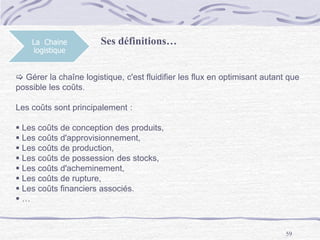 59
La Chaine
logistique
Ses définitions…
 Gérer la chaîne logistique, c'est fluidifier les flux en optimisant autant que
possible les coûts.
Les coûts sont principalement :
 Les coûts de conception des produits,
 Les coûts d'approvisionnement,
 Les coûts de production,
 Les coûts de possession des stocks,
 Les coûts d'acheminement,
 Les coûts de rupture,
 Les coûts financiers associés.
 …
 