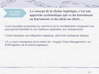 66
La Chaine
logistique
Le concept de la chaine logistique, c’est une
approche systématique qui va du fournisseur
au fournisseur et du client au client….
 Les nouvelles contraintes du marché et de la mondialisation impliquent une
plus grande flexibilité et une meilleure adaptation aux changements
 Cela nécessite une intégration logistique plus forte (entreprise élargie)
 Il y a donc émergence de la notion de « Supply Chain Management » ou
SCM (gestion de la chaine logistique)
 