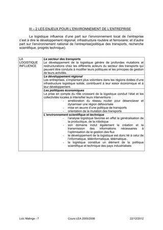 III Ŕ 2 LES ENJEUX POUR L’ENVIRONNEMENT DE L’ENTREPRISE

       La logistique influence d’une part sur l’environnement local de l’entreprise
c’est à dire le développement régional, infrastructure routière et ferroviaire; et d’autre
part sur l’environnement national de l’entreprise(politique des transports, recherche
scientifique, progrès technique).


LA                 Le secteur des transports
LOGISTIQUE         Le développement de la logistique génère de profondes mutations et
INFLUENCE          restructurations chez les différents acteurs du secteur des transports qui
                   peuvent être conduits à modifier leurs politiques et les principes de gestion
                   de leurs activités.
                   Le développement régional
                   Les entreprises, s’implantant plus volontiers dans les régions dotées d’une
                   infrastructure logistique solide, contribuent à leur essor économique et à
                   leur développement.
                   Les politiques économiques
                   La prise en compte du rôle croissant de la logistique conduit l’état et les
                   collectivités locales à intensifier leurs interventions :
                                    - amélioration du réseau routier pour désenclaver et
                                       dynamiser une région défavorisée
                                    - mise en œuvre d’une politique de transports
                                    - orientation de la mutation des transports
                   L’environnement scientifique et technique
                                    - l’analyse logistique favorise en effet la généralisation de
                                       la productique, de la robotique
                                    - son domaine inclut également la création et la
                                       transmission       des     informations   nécessaires    à
                                       l’optimisation de la gestion des flux
                                    - le développement de la logistique est donc lié à celui de
                                       l’informatique, téléinformatique, télématique..
                                    - la logistique constitue un élément de la politique
                                       scientifique et technique des pays industrialisés




Loïc Malinge - 7                      Cours LEA 2005/2006                             22/12/2012
 