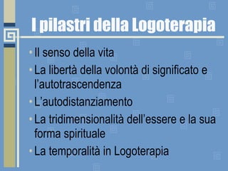 I pilastri della Logoterapia Il senso della vita La libertà della volontà di significato e l’autotrascendenza L’autodistanziamento La tridimensionalità dell’essere e la sua forma spirituale La temporalità in Logoterapia  