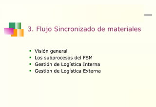 3. Flujo Sincronizado de materiales Visión general Los subprocesos del FSM Gestión de Logística Interna Gestión de Logística Externa 