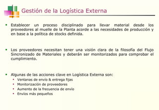 Gestión de la Logística Externa E stablecer un proceso disciplinado para llevar material desde los proveedores al muelle de la Planta acorde a las necesidades de producción y en base a la política de stocks definida. Los proveedores necesitan tener una visión clara de la filosofía del Flujo Sincronizado de Materiales y deberán ser monitorizados para comprobar el cumplimiento.  Algunas de las acciones clave en Logística Externa son: Ventanas de envío  & entrega  fijas  Monitorización de proveedores Aumento de la frecuencia de envío Envíos más pequeños 