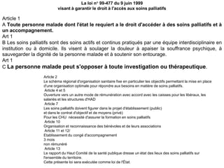 La loi n° 99-477 du 9 juin 1999
visant à garantir le droit à l'accès aux soins palliatifs
Article 1
A Toute personne malade dont l'état le requiert a le droit d'accéder à des soins palliatifs et à
un accompagnement.
Art 1
B Les soins palliatifs sont des soins actifs et continus pratiqués par une équipe interdisciplinaire en
institution ou à domicile. Ils visent à soulager la douleur à apaiser la souffrance psychique, à
sauvegarder la dignité de la personne malade et à soutenir son entourage.
Art 1
C La personne malade peut s'opposer à toute investigation ou thérapeutique.
Article 2
Le schéma régional d'organisation sanitaire fixe en particulier les objectifs permettant la mise en place
d'une organisation optimale pour répondre aux besoins en matière de soins palliatifs.
Article 4 et 5
Ouverture vers un autre mode de rémunération avec accord avec les caisses pour les libéraux, les
salariés et les structures d'HAD
Article 7
Les soins palliatifs doivent figurer dans le projet d'établissement (public)
et dans le contrat d'objectif et de moyens (privé)
Pour les CHU nécessité d'assurer la formation en soins palliatifs
Article 10
Organisation et reconnaissance des bénévoles et de leurs associations
Article 11 et 12/
Etablissement du congé d'accompagnement
3 mois
non rémunéré
Article 13
Le rapport du Haut Comité de la santé publique dresse un état des lieux des soins palliatifs sur
l'ensemble du territoire.
Cette présente loi sera exécutée comme loi de l'État.
 