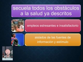 secuela todos los obstáculos
a la salud ya descritos
empleos estresantes e insatisfactorio
aislados de las fuentes de
información y estímulo
 