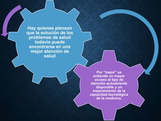 Hay quienes piensan
que la solución de los
problemas de salud
todavía puede
encontrarse en una
mejor atención de
salud
Por "mejor" se
entiende un mayor
acceso al tipo de
atención actualmente
disponible y un
mejoramiento de la
capacidad tecnológica
de la medicina.
 