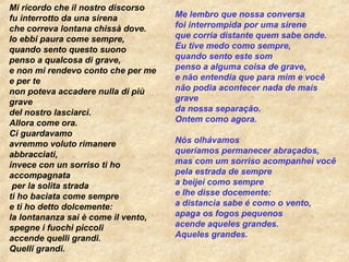 Mi ricordo che il nostro discorso
fu interrotto da una sirena
che correva lontana chissà dove.
Io ebbi paura come sempre,
quando sento questo suono
penso a qualcosa di grave,
e non mi rendevo conto che per me
e per te
non poteva accadere nulla di più
grave
del nostro lasciarci.
Allora come ora.
Ci guardavamo
avremmo voluto rimanere
abbracciati,
invece con un sorriso ti ho
accompagnata
per la solita strada
ti ho baciata come sempre
e ti ho detto dolcemente:
la lontananza sai è come il vento,
spegne i fuochi piccoli
accende quelli grandi.
Quelli grandi.
Me lembro que nossa conversa
foi interrompida por uma sirene
que corria distante quem sabe onde.
Eu tive medo como sempre,
quando sento este som
penso a alguma coisa de grave,
e não entendia que para mim e você
não podia acontecer nada de mais
grave
da nossa separação.
Ontem como agora.
Nós olhávamos
queríamos permanecer abraçados,
mas com um sorriso acompanhei você
pela estrada de sempre
a beijei como sempre
e lhe disse docemente:
a distancia sabe é como o vento,
apaga os fogos pequenos
acende aqueles grandes.
Aqueles grandes.
 