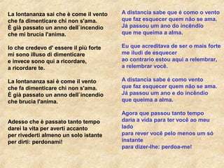 A distancia sabe que é como o vento
que faz esquecer quem não se ama.
Já passou um ano do incêndio
que me queima a alma.
Eu que acreditava de ser o mais forte
me iludi de esquecer
ao contrario estou aqui a relembrar,
a relembrar você.
A distancia sabe é como vento
que faz esquecer quem não se ama.
Já passou um ano e do incêndio
que queima a alma.
Agora que passou tanto tempo
daria a vida para ter você ao meu
lado
para rever você pelo menos um só
instante
para dizer-lhe: perdoa-me!
La lontananza sai che è come il vento
che fa dimenticare chi non s'ama.
È già passato un anno dell`incendio
che mi brucia l'anima.
Io che credevo d' essere il più forte
mi sono illuso di dimenticare
e invece sono qui a ricordare,
a ricordare te.
La lontananza sai è come il vento
che fa dimenticare chi non s'ama.
È già passato un anno dell`incendio
che brucia l'anima.
Adesso che è passato tanto tempo
darei la vita per averti accanto
per rivederti almeno un solo istante
per dirti: perdonami!
 