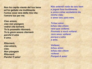 Non ho capito niente del tuo bene
ed ho gettato via inutilmente
l'unica cosa vera della mia vita:
l'amore tuo per me.
Ciao amore,
ciao non piangere
vedrai che tornerò.
Te lo prometto ritornerò.
Te lo giuro amore ritornerò
perché ti amo
ti amo.
Ritornerò,
ciao amore,
ciao.
Non piangere
Ritornerò
Perché Ti amo!
Não entendi nada do seu bem
e joguei fora inutilmente
a unica coisa verdadeira da
minha vida:
o amor seu para mim.
Tchau amor,
tchau não chore
verá que voltarei.
Prometo a você voltarei.
Juro amor voltarei
porque a amo
a amo.
Voltarei,
tchau amor,
tchau.não chore
volterei
Porqué A amo!
 