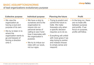 © Frederic Laloux (content based on his book „Reinventing organizations“ (2014) 29
BASIC ASSUMPTIONS/NORMS
of teal organizations evolutionary purpose
Collective purpose Individual purpose Planning the future
 We view the
organization as
having a soul and
purpose of its own.
 We try to listen in to
where the
organization wants to
go and beware of
forcing a direction
onto it.
 We have a duty to
ourselves and to the
organization to
inquire into our
personal sense of
calling to see if and
how it resonates with
the organization’s
purpose.
 We try to imbue our
roles with our souls,
not our egos.
 Trying to predict and
control the future is
futile. We make
forecasts only when
a specific decision
requires us to do so.
 Everything will unfold
with more grace if we
stop trying to control
and instead choose
to simply sense and
respond.
Profit
 In the long run, there
are no trade-offs
between purpose
and profits. If we
focus on purpose,
profits will follow.
 